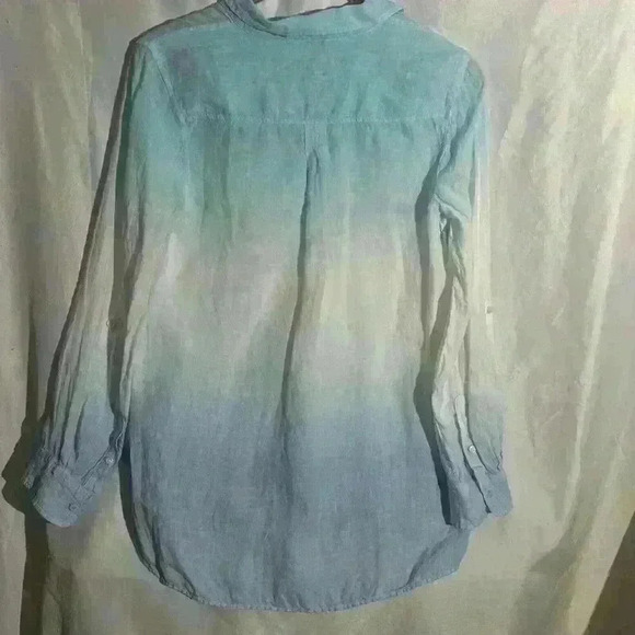 Talbots 100% Linen Beach Ombré Dip Dye Blue Tunic Roll Tab Sleeves Size Medium - Picture 10 of 10
